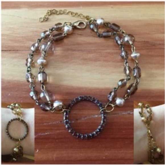Hand Crafted Jewelry - Handmade Brown Rhinestone Circle + Amber & Gold Beads Bracelet, Vintage Beads